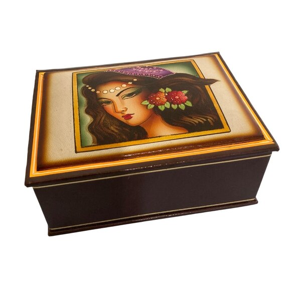 Indian Persian Woman Hand Painted Jewelry Trinket Stash Box With Mirror. - Picture 2 of 8